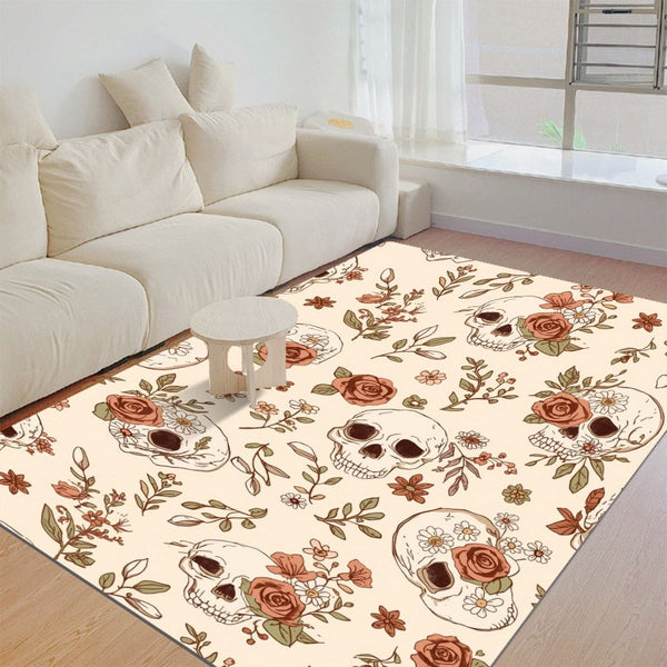 Beigh Skulls With Brown Flowers Floor Mat - 6 Sizes