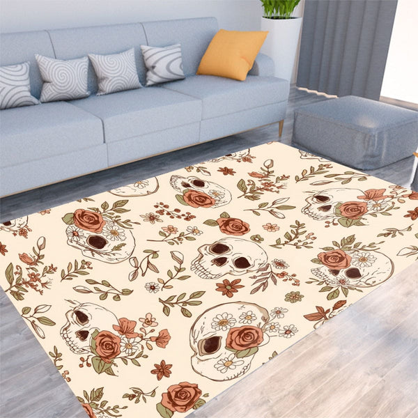 Beigh Skulls With Brown Flowers Floor Mat - 6 Sizes