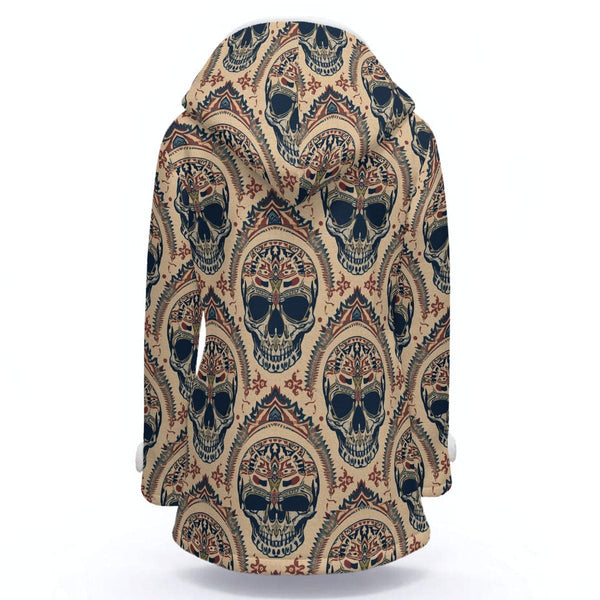 Women's Tribal Skulls Design Hooded Double-Breasted Winter Coat With Fleece