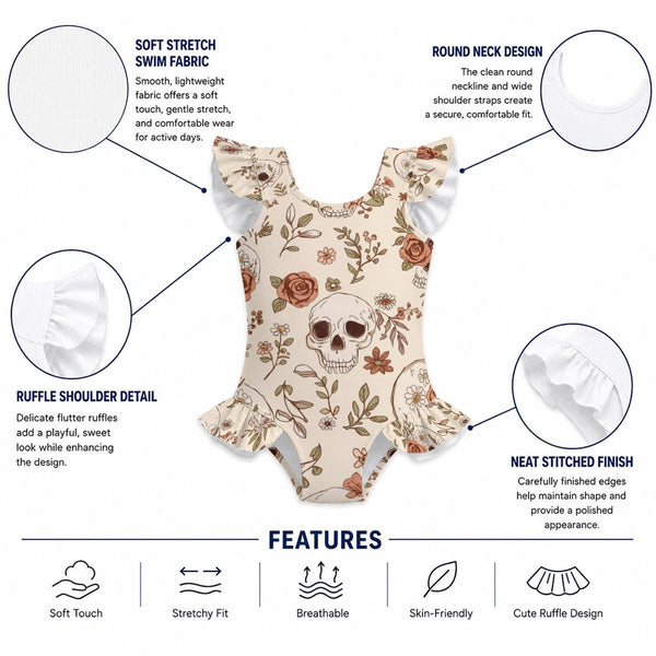 The Nocturnal Botanical Skull & Wildflower Ruffle Swimsuit