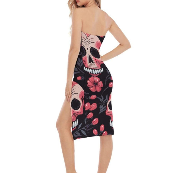 Women's Pink Floral Skulls Side Split Tube Top Dress