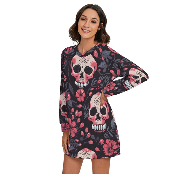 Women's Skulls Pink Flowers Round Neck Raglan Sleeve Sweater