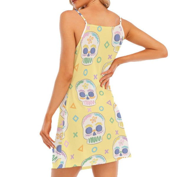 Womem's Yellow Skulls Print V-neck Sleeveless Cami Dress