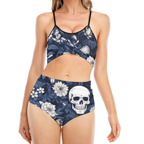 Women's Skulls blue Floral Bikini Swimsuit With Cross Straps