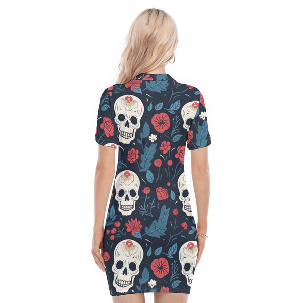 Women's Skull Red Blue Floral Polo Collar Dress