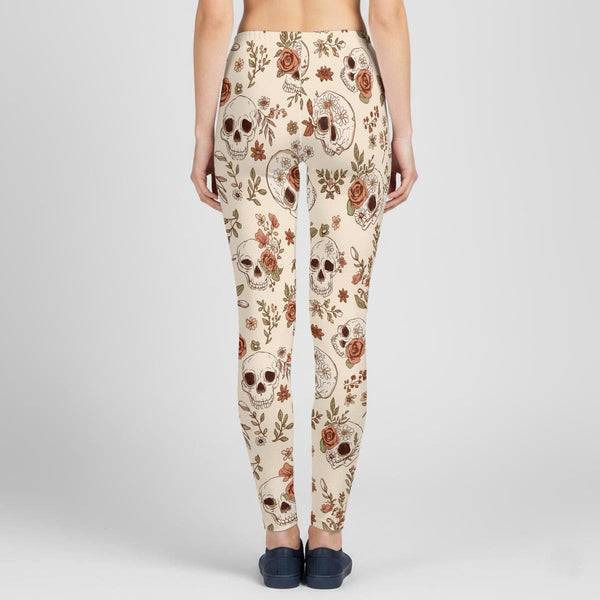 Women's Beigh Brown Skulls Floral Stretch Hoodie & Leggings Set