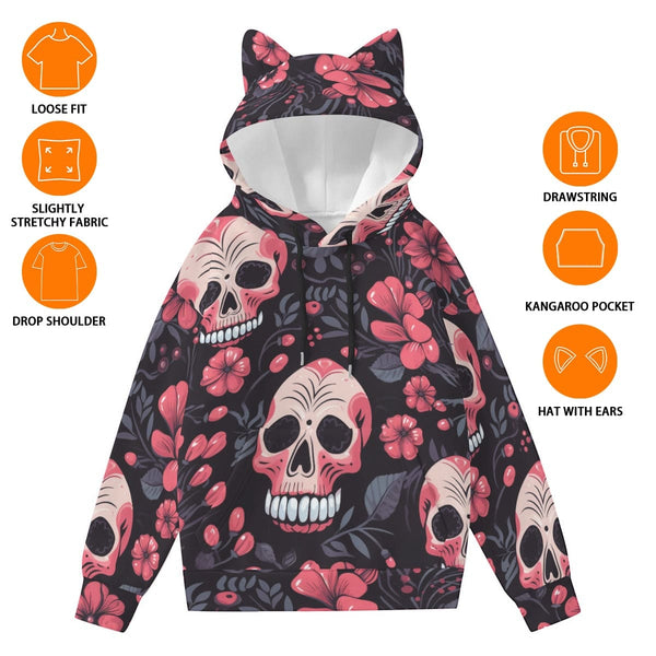 Women’s Pink Skulls & Flowers Hoodie With Decorative Ears