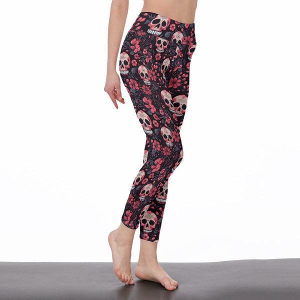 Get ready to make a statement in our Women's Pink Floral Skulls High Waist Leggings!