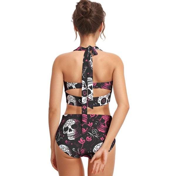 Women's Pink & White Skulls Floral Halter Swimsuit Set