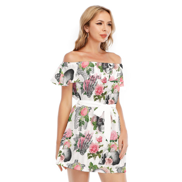 Blossom Skull Off-Shoulder Dress – Pink Floral Gothic Statement Dress