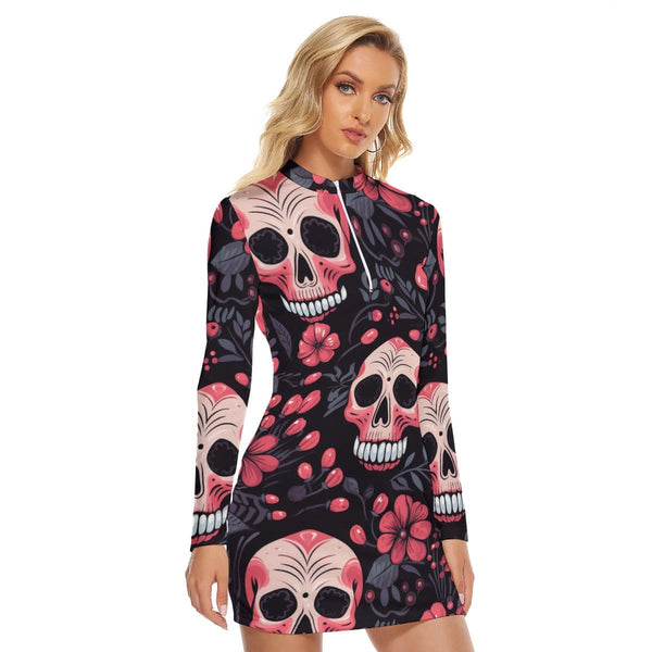 Women's Pink Floral Skull Zip Front Bodycon Long Sleeve Dress