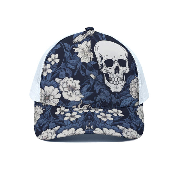 Blue White Flowers And Skull Unisex Trucker Hat With White Half-mesh