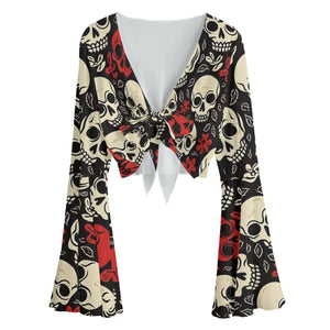 Women's Skulls Tie Front With Bell Sleeves Blouse