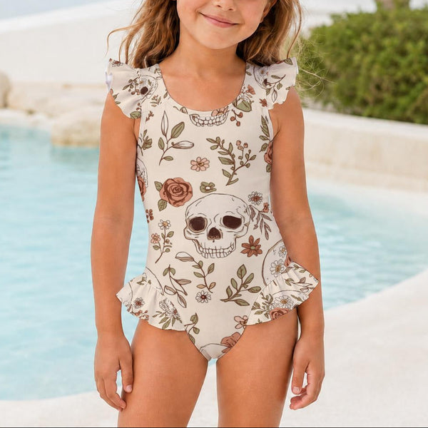 The Nocturnal Botanical Skull & Wildflower Ruffle Swimsuit