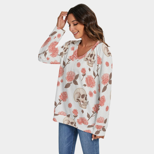 Women's Skulls & Pink Roses V-neck Sweater With Long Sleeve