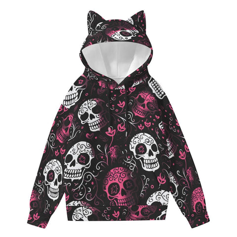 Women’s Pink & White Skulls Hoodie With Decorative Ears