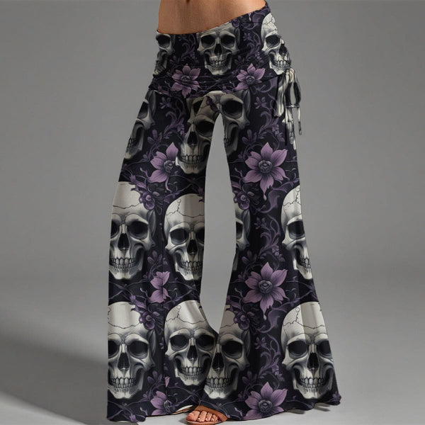 Women's Purple Floral Skulls High Waist Wide Leg Pants