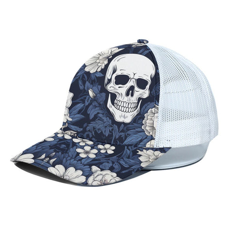 Blue White Flowers And Skull Unisex Trucker Hat With White Half-mesh