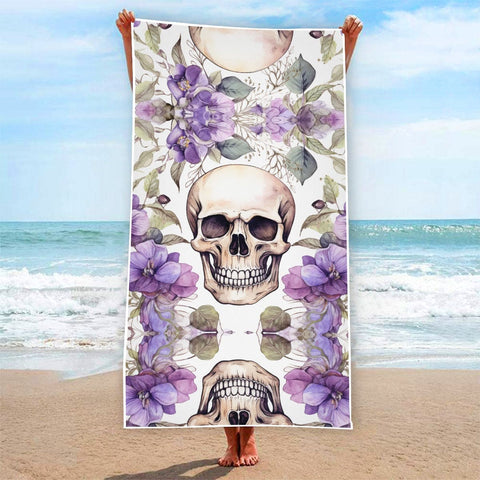 Skull With Purple Floral Pattern Rectangular Beach Towel