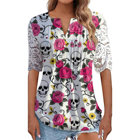 Women's Skulls With Pink Roses And Vines Lace Sleeve Blouse