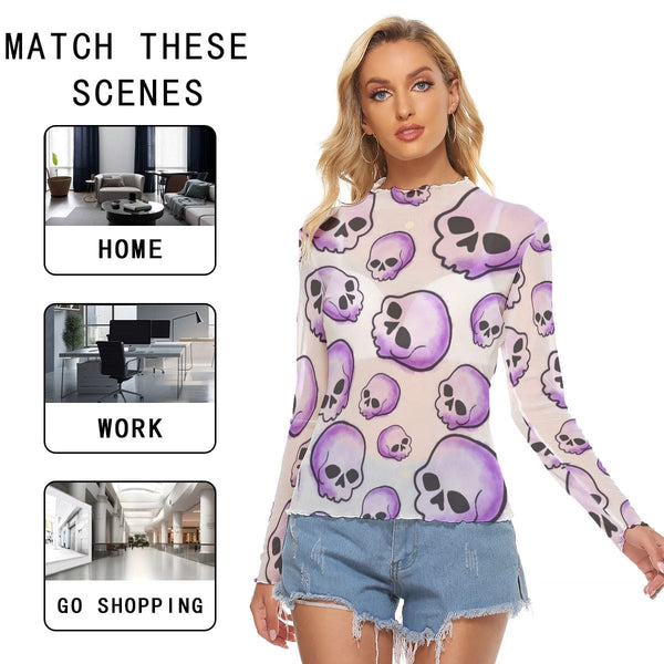 Women's Purple Skulls Mesh Long Sleeve Top