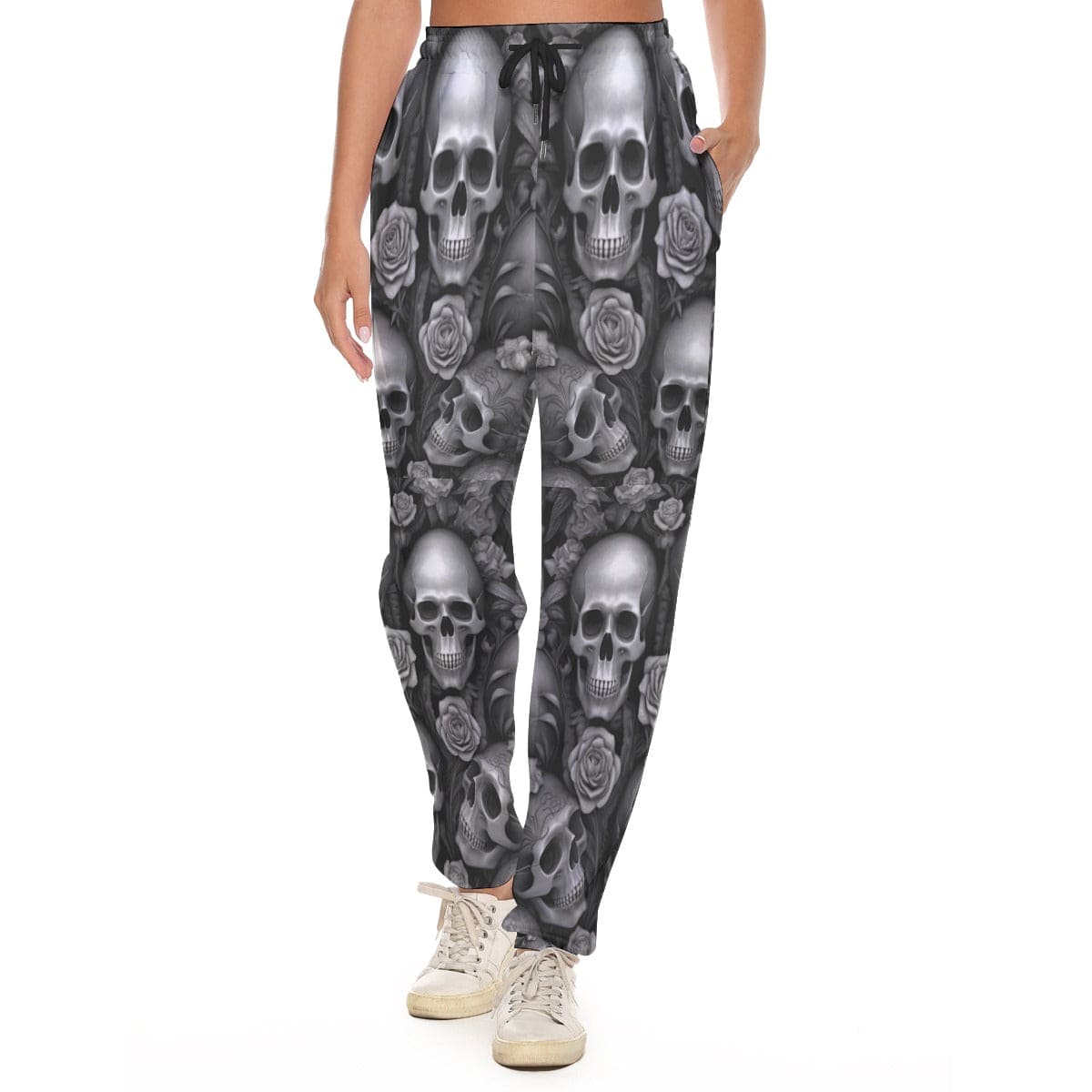 Add A Touch of Edgy And Feminine Style With Our Gray Skulls And Flowers Pants For Women