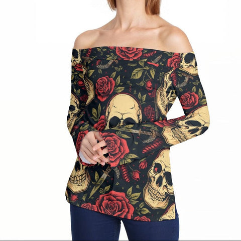 Women Skulls With Red Roses Off-Shoulder Long Sleeve Top