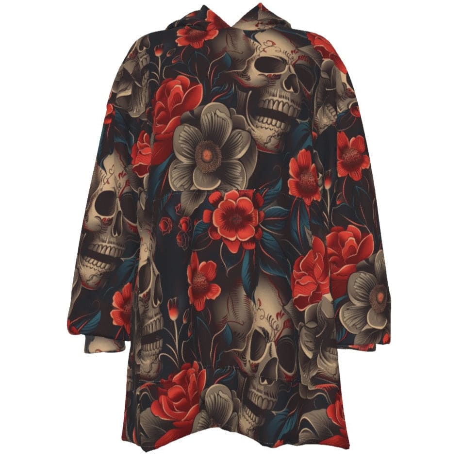 Women's Skulls With Red Flowers Sherpa Fleece Hoodie