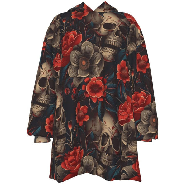 Women's Skulls With Red Flowers Sherpa Fleece Hoodie