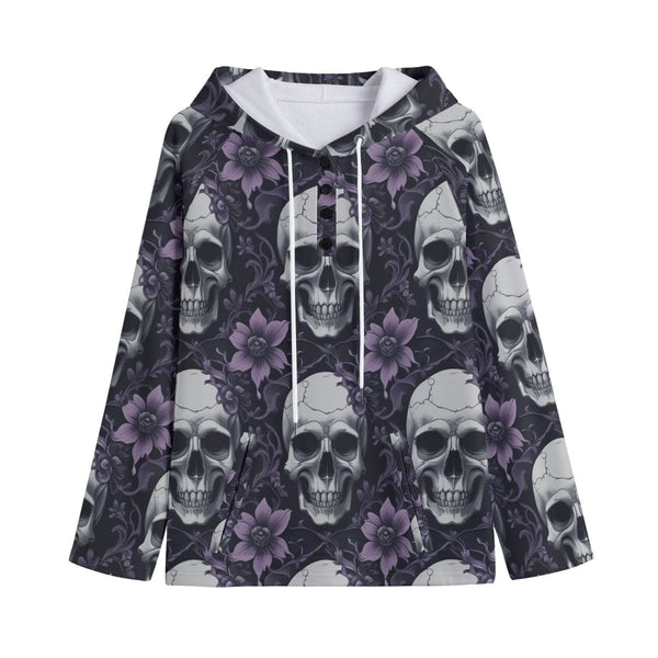 Women's Purple Floral Skulls Lapel Hoodie with Pocket
