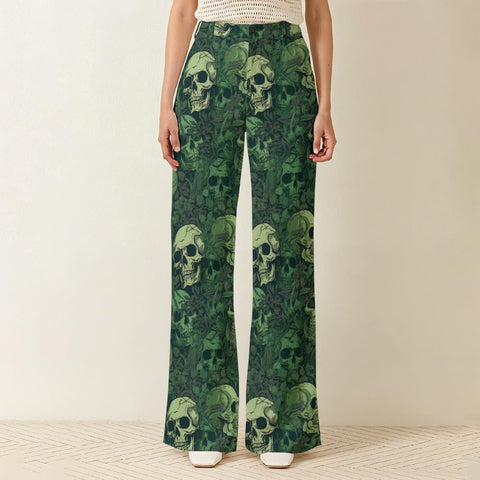 Women's Green Floral Skulls Wide Leg Pants