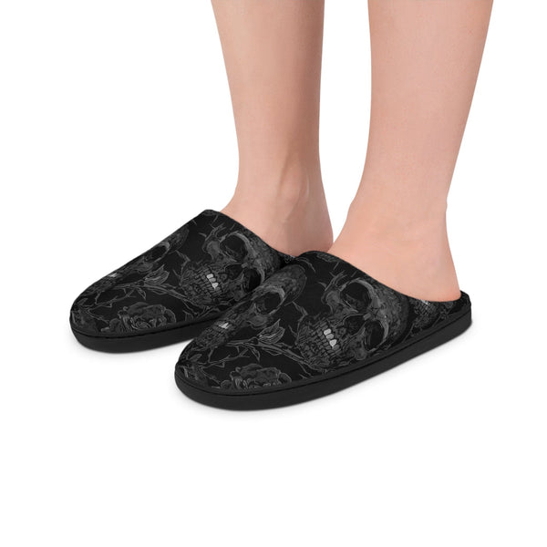 Men's Black Skull Pattern Indoor Slippers — Gothic Black Cozy