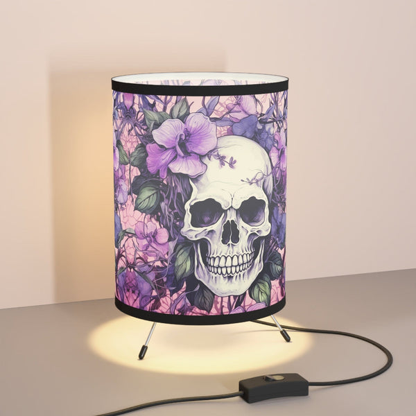 Skull & Purple Florals Tripod Lamp – Gothic Decorative Table Lamp with Printed Shade