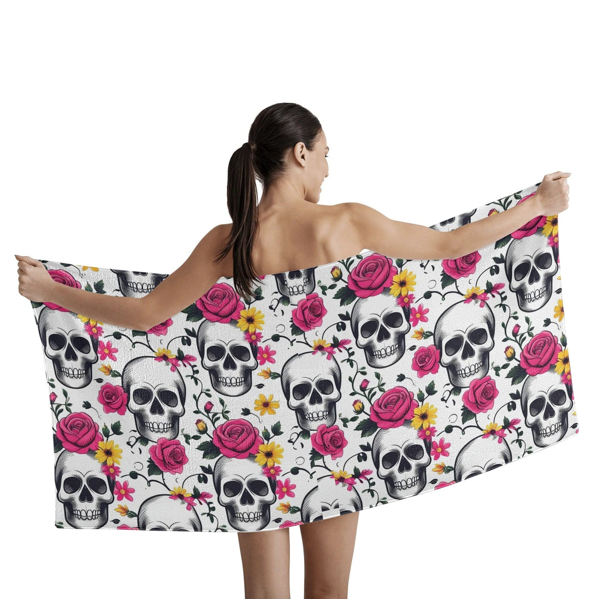 Skulls Pink Flowers Soft Bath Towel 2 Sizes for Bathroom Gym and Trave ...