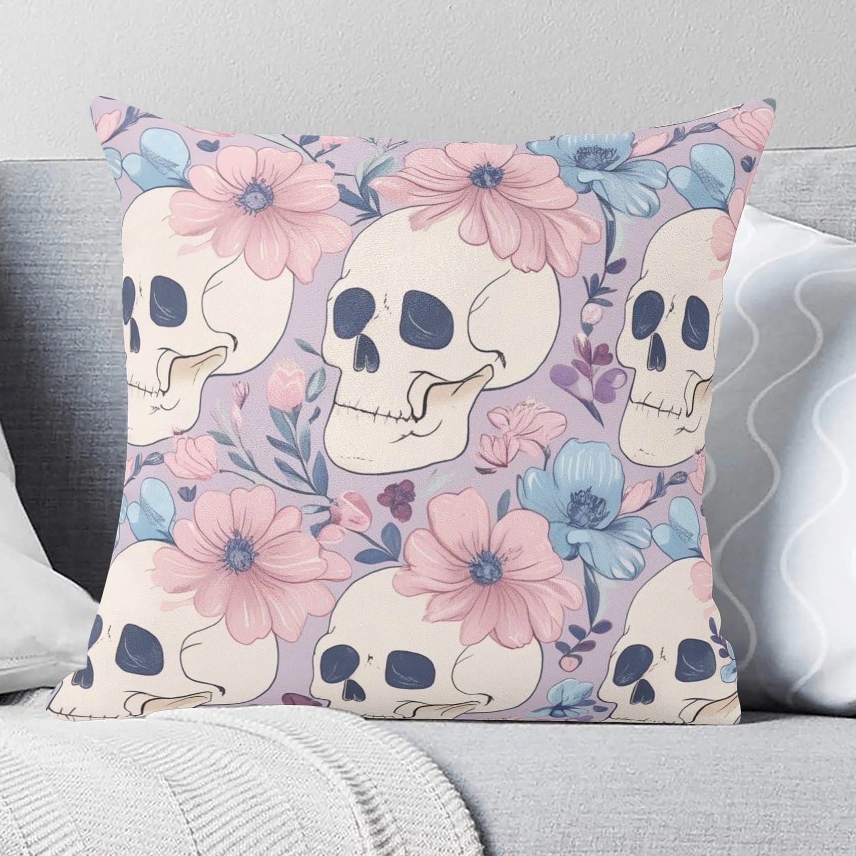 Pastel Skulls Floral Pillow Case Cushion Cover 5 Square Sizes