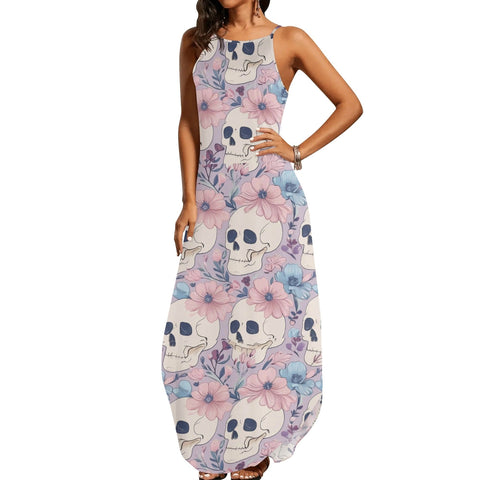 maxi dress with skulls Skull Print Maxi Dress, Gothic Spaghetti Strap Extravagant Dress