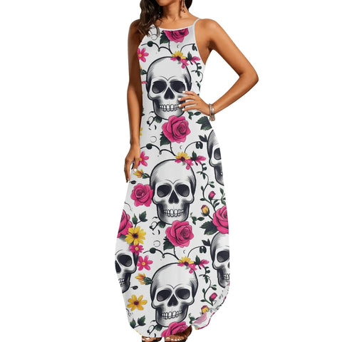 maxi dress with skulls Skull Print Maxi Dress, Gothic Spaghetti Strap Extravagant Dress