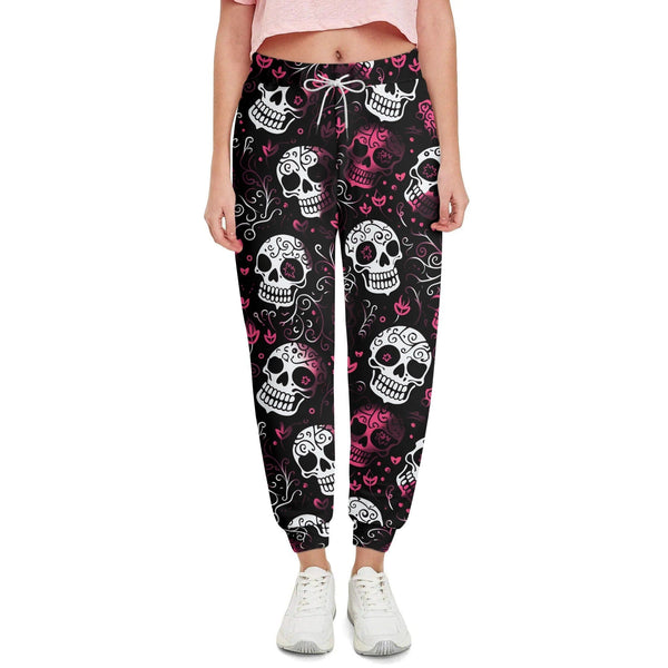 Women’s Pink Skull Floral Sweatpants – Gothic Lounge & Casual Wear
