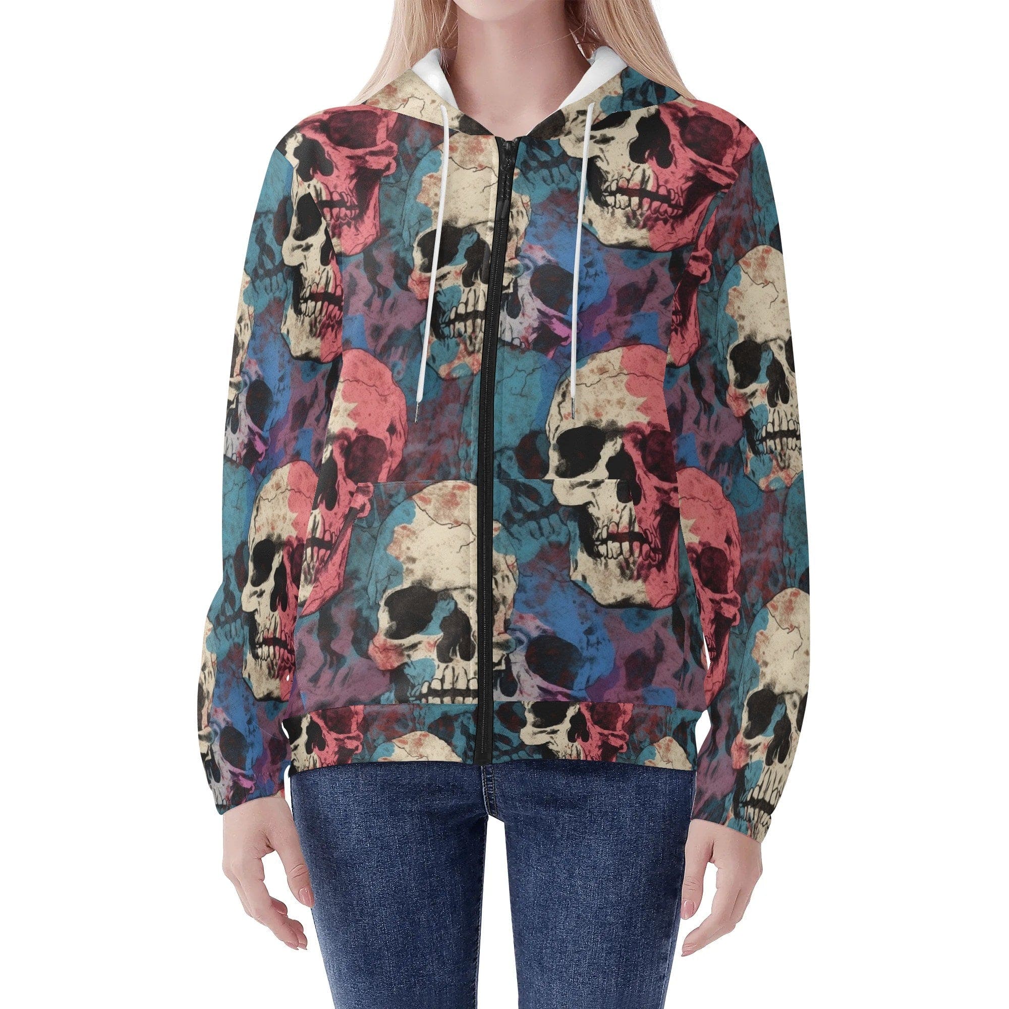Women’s Pastel Skull Zip Hoodie, Lightweight Gothic Jacket