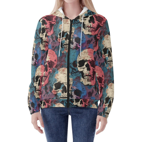Women’s Pastel Skull Zip Hoodie, Lightweight Gothic Jacket