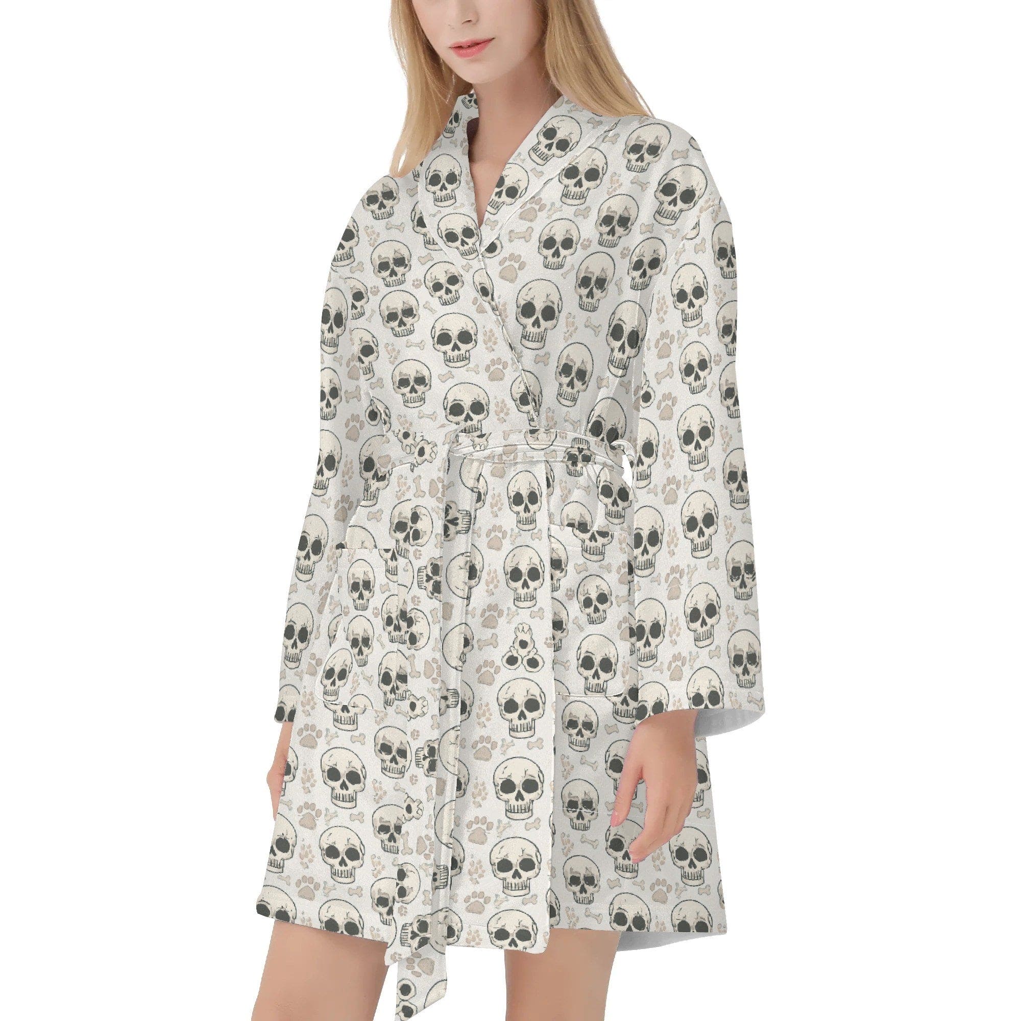 Womens Gray Skulls Short Bathrobe