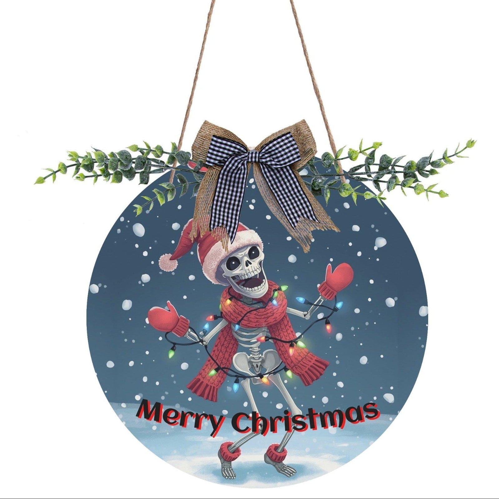 Merry Christmas Skull Holding Lights Round Acrylic Welcome Sign for Door Decoration