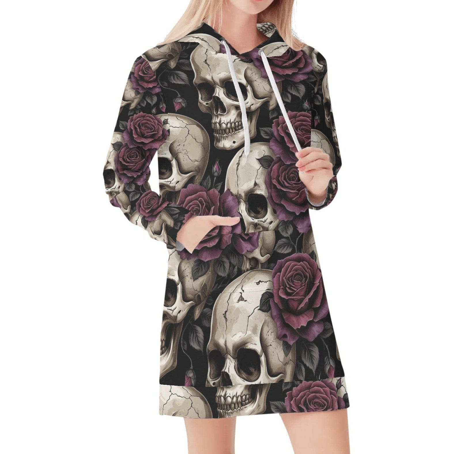 Womens Purple Floral Skulls Pullover Hoodie Dress