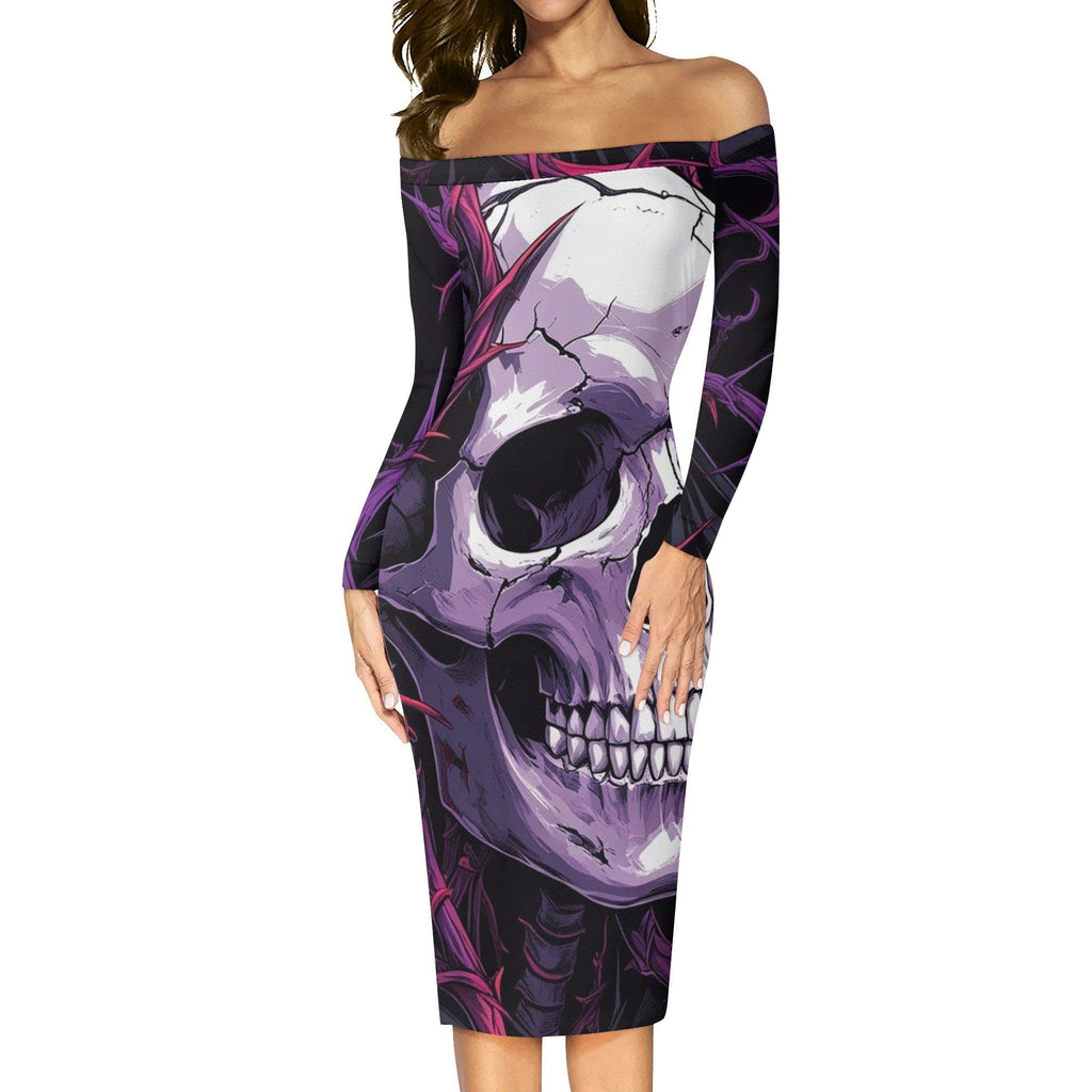 Womens Purple Skull Off The Shoulder Long Sleeve Elegant Wrap Dress – Everything Skull Clothing Merchandise and Accessories