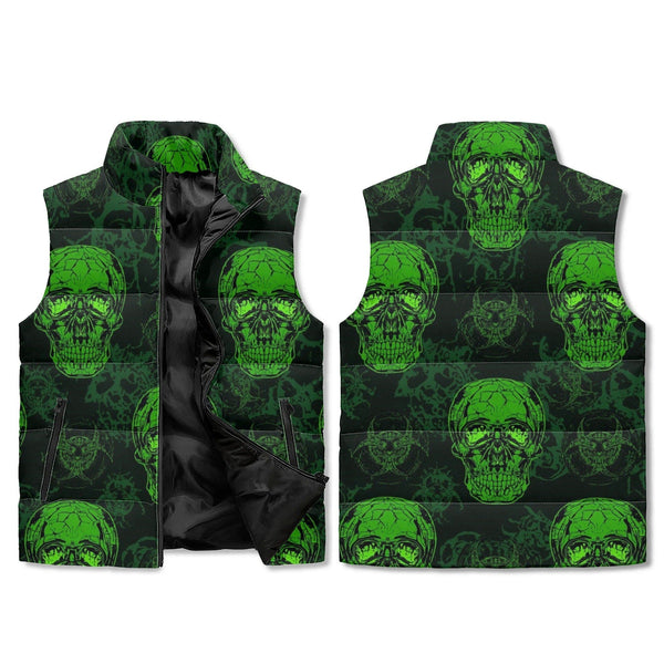 Green Skulls Lightweight Stand Collar Zip Up Puffer Vest