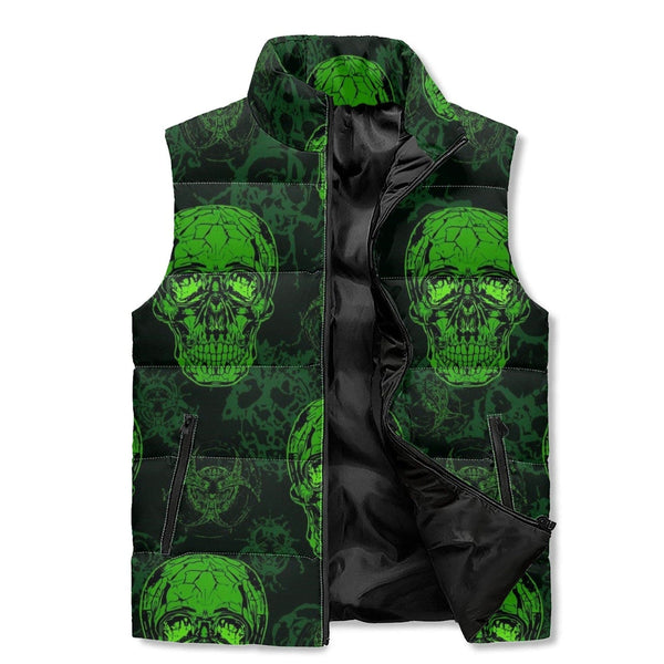 Green Skulls Lightweight Stand Collar Zip Up Puffer Vest