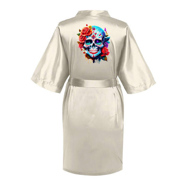 Women's Skull Floral 3/4 Sleeve Lace Up Robe