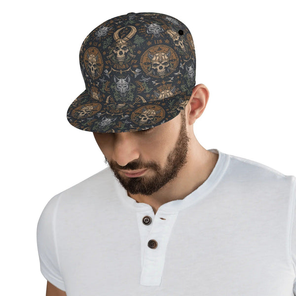 Viking Skull Snapback Hat: Helmets & Axes Pattern