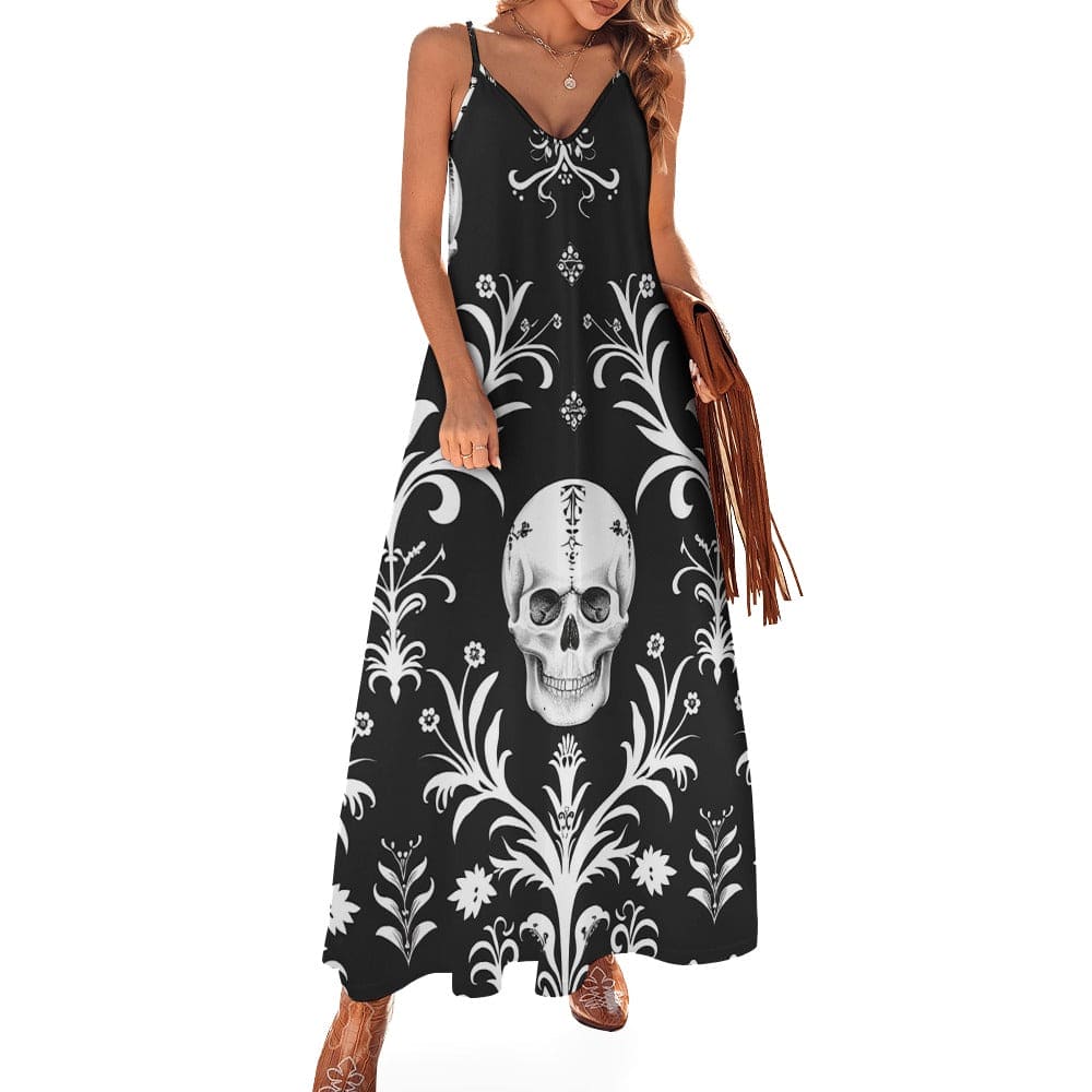 Women's Skull Black and White Ankle Long Dress L / White