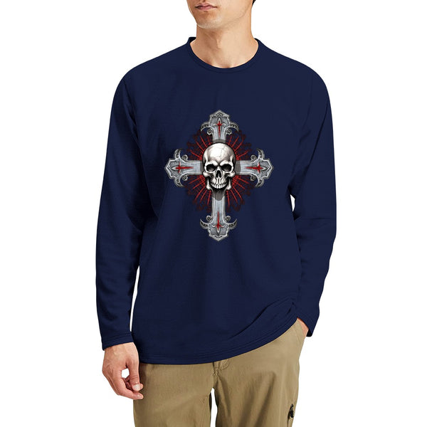 Men's Gothic Skull Cross CrewNeck Long Sleeve T-shirt